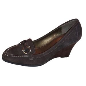 Talbots Suede Wedge Loafer Ladies 8.5 Brown Brass Horse Bit Buckle Womens Heels